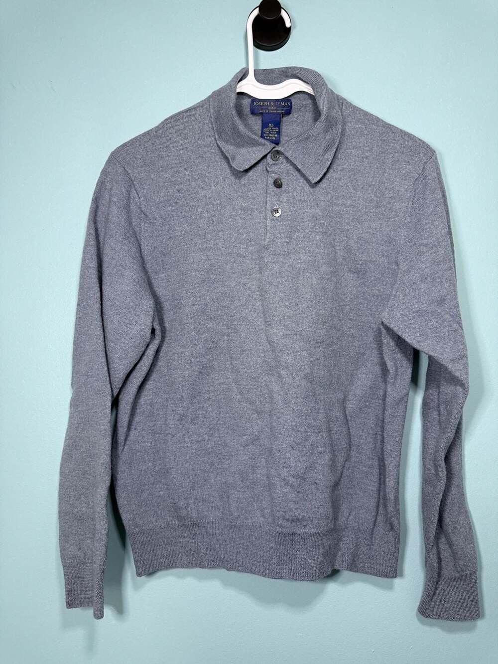 Joseph & Lyman Merino Wool Polo Sweater Size XL runs Small Gray Long Sleeve